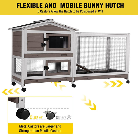MEDEHOO Wooden Rabbit Hutch Bunny Cage with Wheels  Guinea Pig for Indoor & Outdoor-Brown