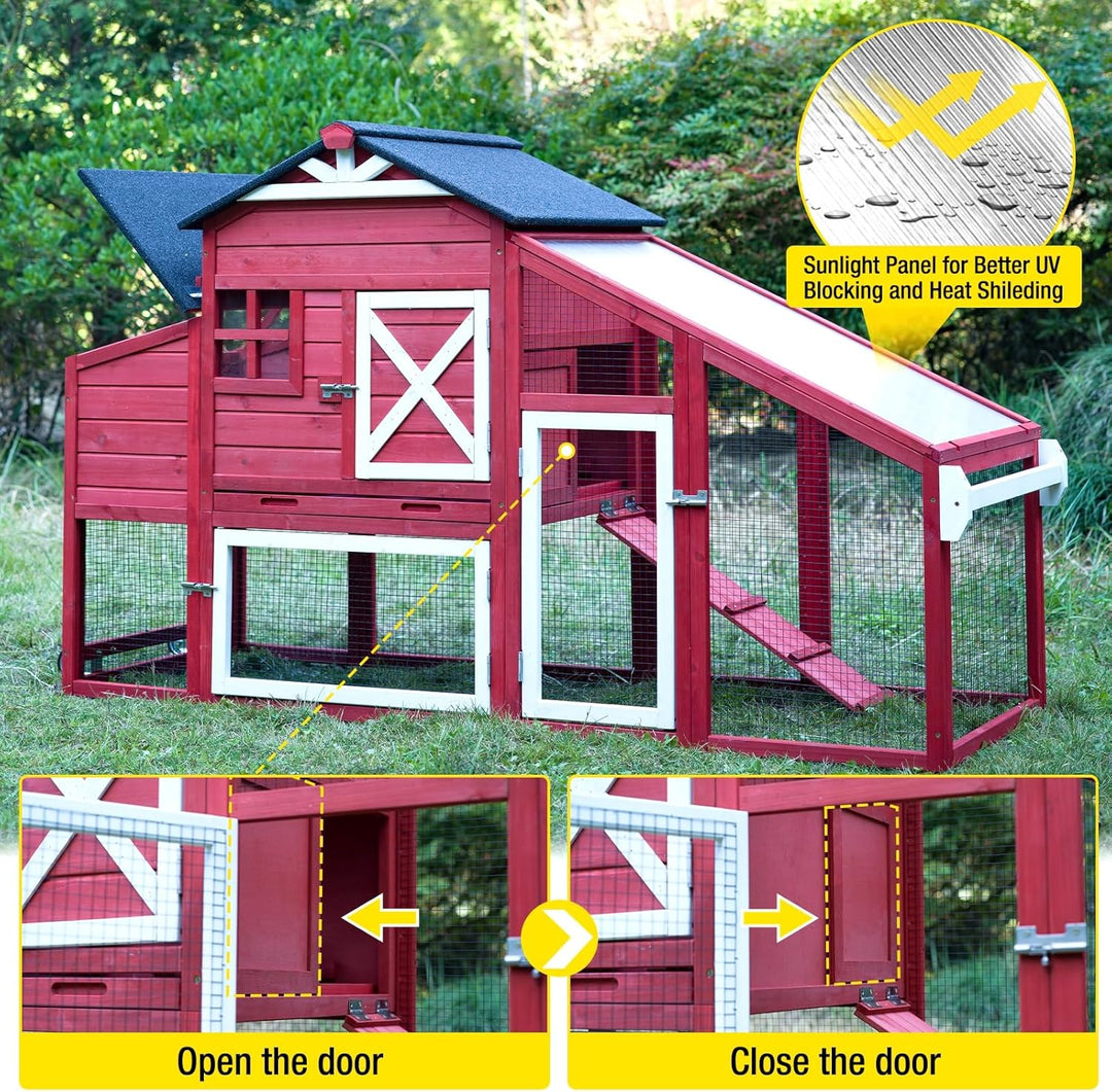 MEDEHOO Mobile Chicken Coop Hen House with Wheels Handdrail for 2-4 Chickens-Red