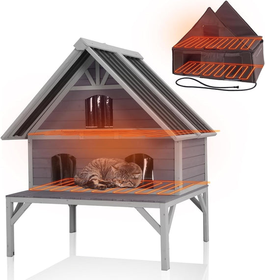 MEDEHOO AIR7034-HP-WM Heated Cat House Outdoor Cat House Insulated 2-Story Weatherproof Feral Cat Shelter with Heated Pad, Insulated All-Round Thermal Liner, Chewproof Cable for 1-4 Cats