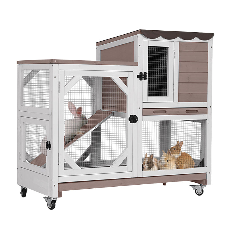 2-Story Wooden Rabbit Hutch with Casters, Pull-Out Tray