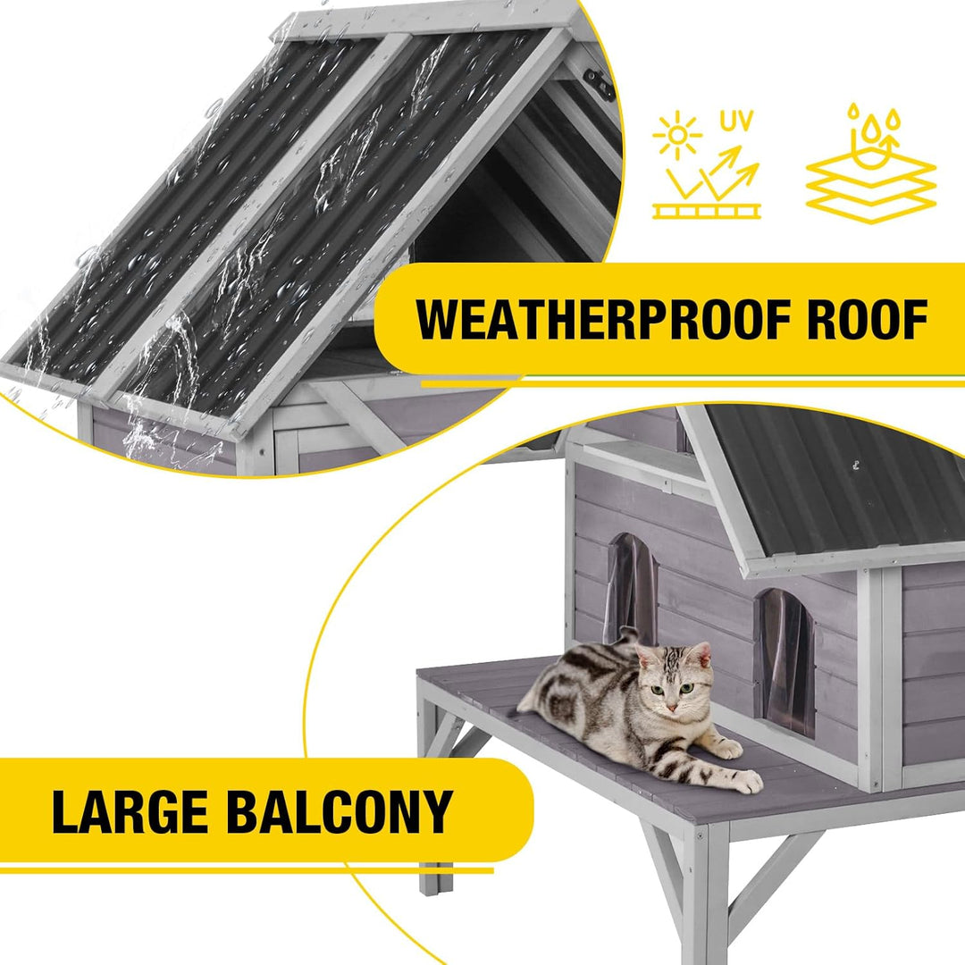 MEDEHOO AIR7034 Large Outdoor Cat House Weatherproof 2-Story Wooden Feral Cat Shelter Cat Condo for Winter with Waterproof Roof, Large Porch Balcony, Escape Doors