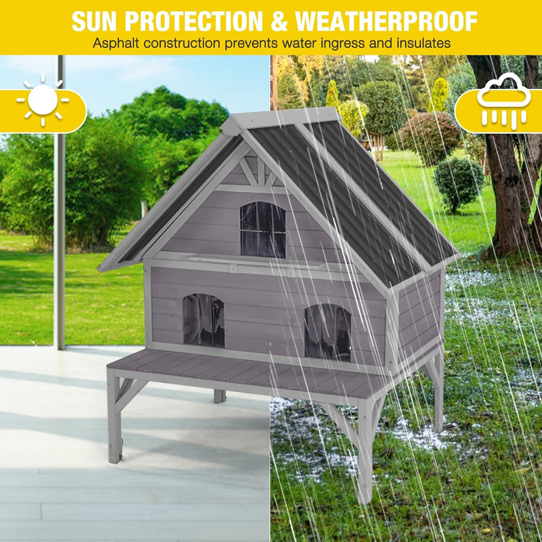 MEDEHOO AIR7034 Large Outdoor Cat House Weatherproof 2-Story Wooden Feral Cat Shelter Cat Condo for Winter with Waterproof Roof, Large Porch Balcony, Escape Doors