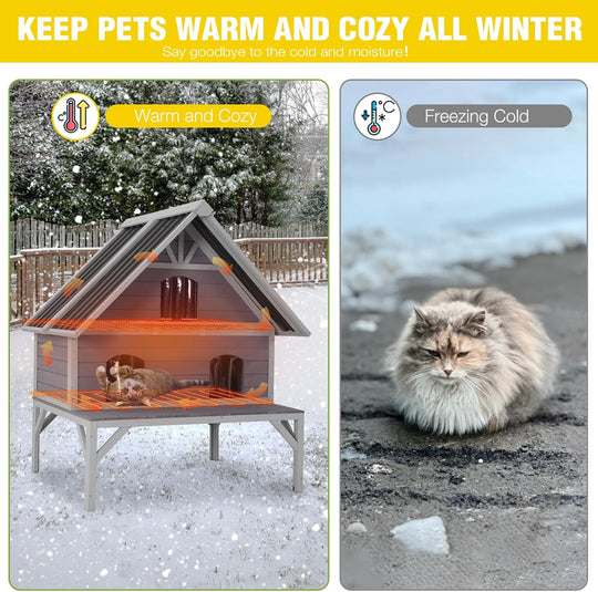 MEDEHOO AIR7034-HP-WM Heated Cat House Outdoor Cat House Insulated 2-Story Weatherproof Feral Cat Shelter with Heated Pad, Insulated All-Round Thermal Liner, Chewproof Cable for 1-4 Cats
