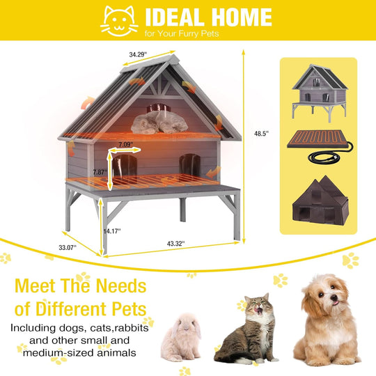 MEDEHOO AIR7034-HP-WM Heated Cat House Outdoor Cat House Insulated 2-Story Weatherproof Feral Cat Shelter with Heated Pad, Insulated All-Round Thermal Liner, Chewproof Cable for 1-4 Cats