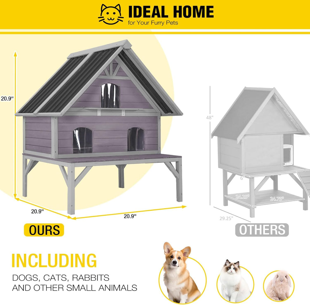 MEDEHOO AIR7034 Large Outdoor Cat House Weatherproof 2-Story Wooden Feral Cat Shelter Cat Condo for Winter with Waterproof Roof, Large Porch Balcony, Escape Doors