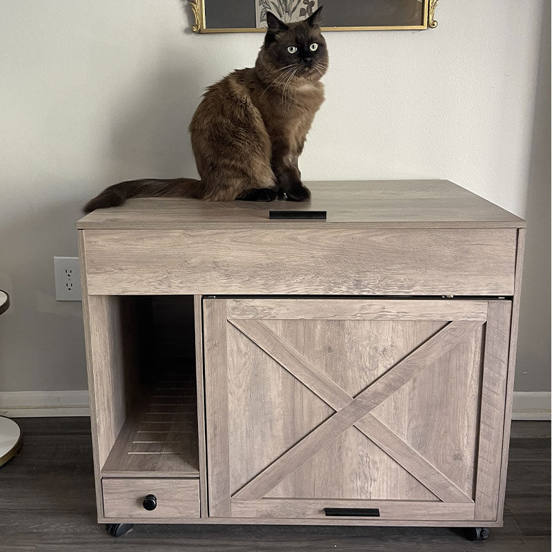 Aivituvin-AIR7018 Wooden Cat Litter Box Enclosure | Side Table with Wheels