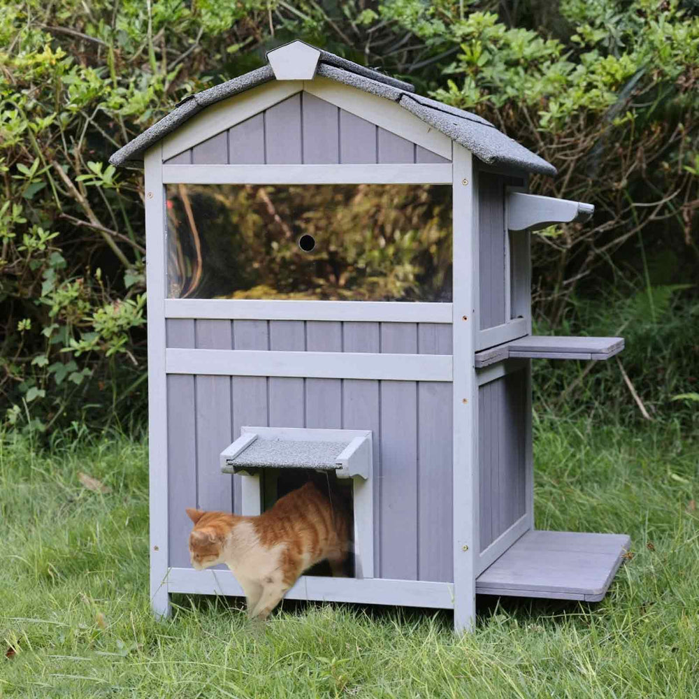 MEDEHOO Outdoor Cat House Weatherproof, Feral Cat Shelter for Winter 2 Story Cat Condos Escape Doors with Balcony