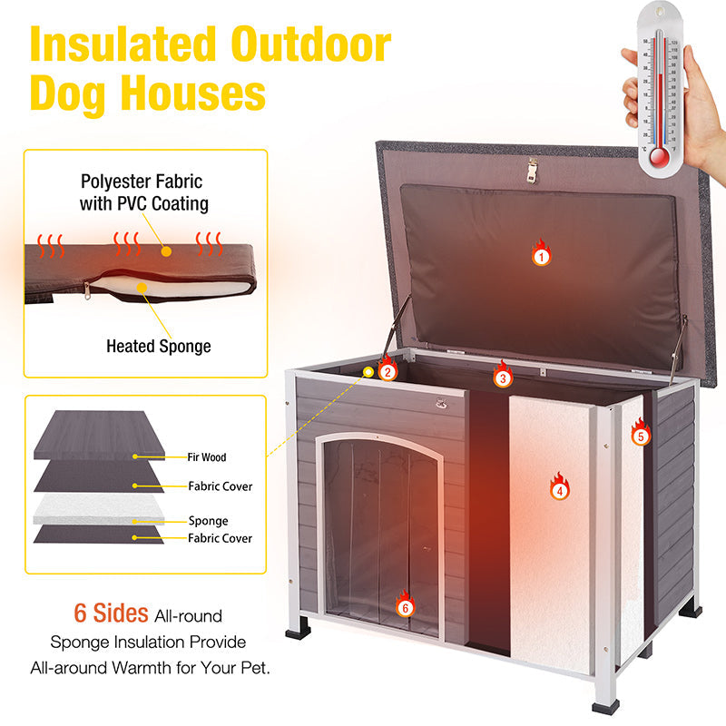 MEDEHOO Wooden Dog House with Insulated Liner, Dog Kennel with PVC Curtain Removable Floor