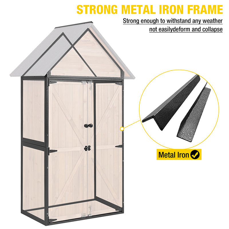 Storage Shed Outdoor with All-Around Strong Metal Frame Wooden Tool House Cabinet with Adjustable Shelfs