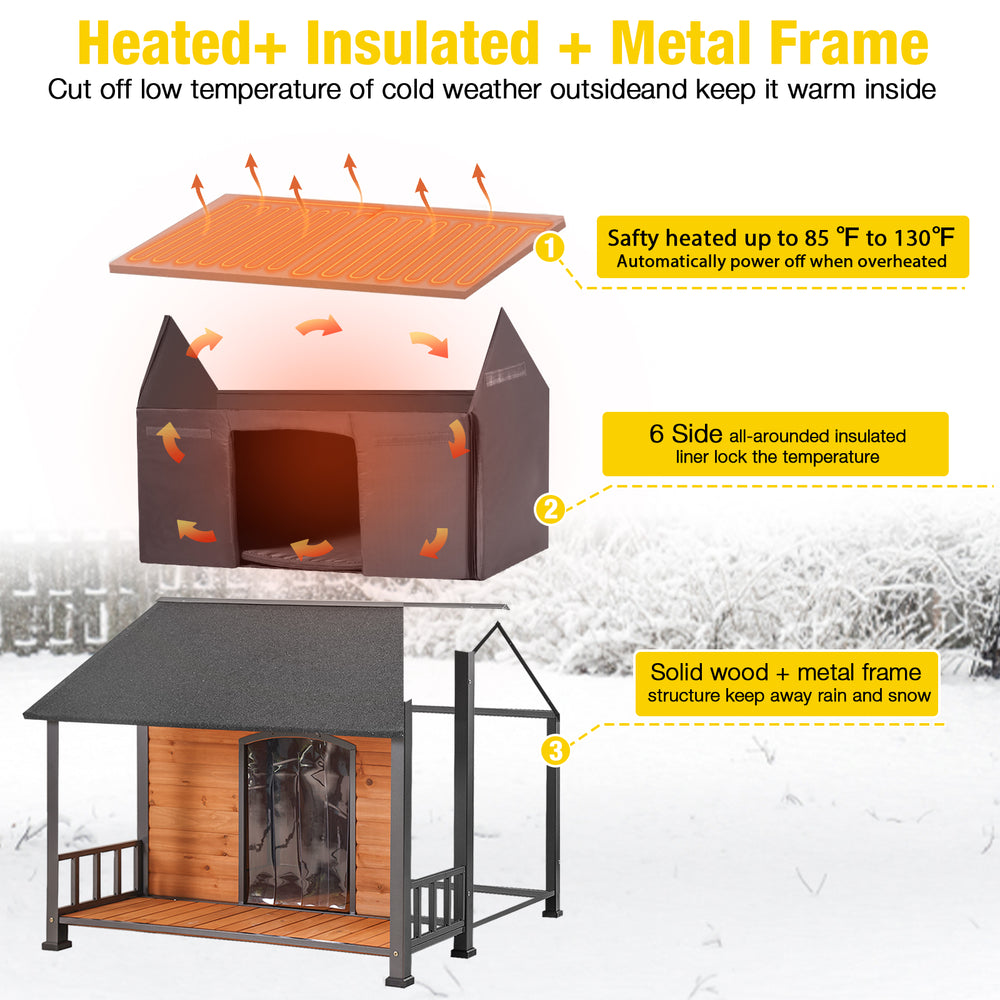 MEDEHOO AIR7010-M-HP Heated Outdoor Dog House for Winter, Large Wooden Dog Kennel with Heated Pad, Insulated Liner, Metal Frame, Waterproof Roof, Raised Base and Porch for Medium to Large Dogs
