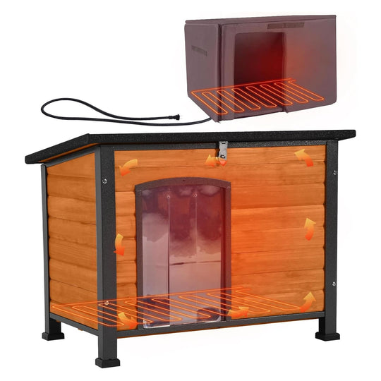 MEDEHOO AIR74-IN-HP Heated Outdoor Dog House with Heating Pad & Insulated Liner, Winter Weatherproof Anti-Chewing Dog Kennel, Iron, Brown