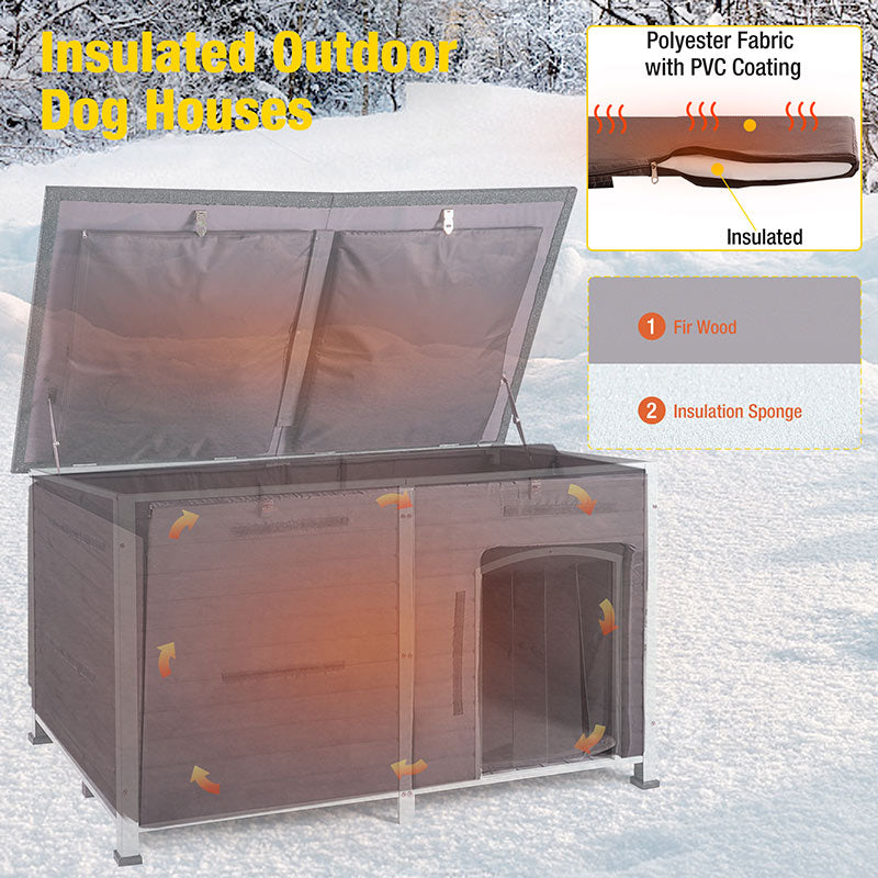MEDEHOO AIR63/64-IN 59.1" Large Insulated Dog House with Insulated Liner for Winter Outdoor Weatherproof Kennel All-Around Iron Frame