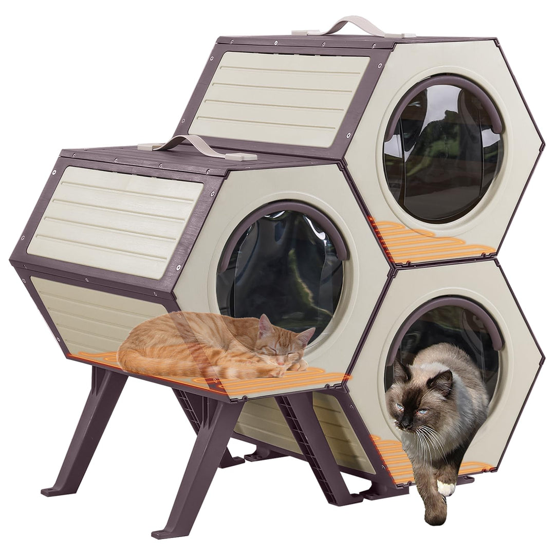 MORGETE Outdoor Indoor Heated Cat House with Heater, Combined Cat Condo with Adjustable Temperature and Time, Insulated Feral Cat Shelter with Escape Door for Winter Weatherproof (3 Set)