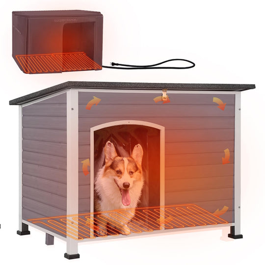 MEDEHOO AIR43-M-HP Heated Dog House with Heater and Insulated Liner, Outdoor Insulated Dog Kennel with Metal Frame Large Dog Crate for Medium to Large Dogs for Winter, 43.3" L Gray