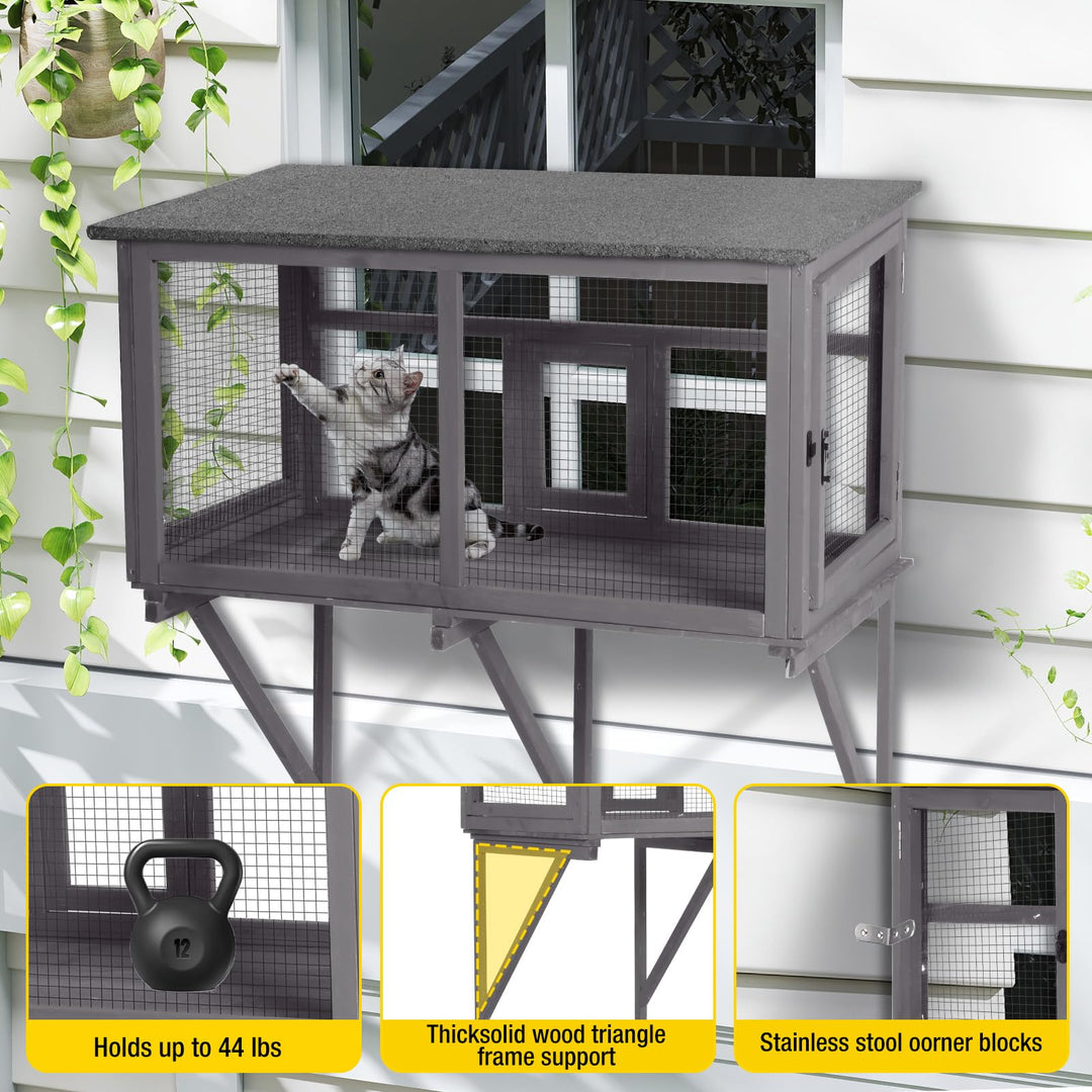 MEDEHOO AIR7016 Catio Outdoor Cat Enclosure, Cat Window Box for 1-2 Cats with Weatherproof Asphalt Roof & Lockable Door, Expendable Secure Window Perch House for Large Outdoor Cats