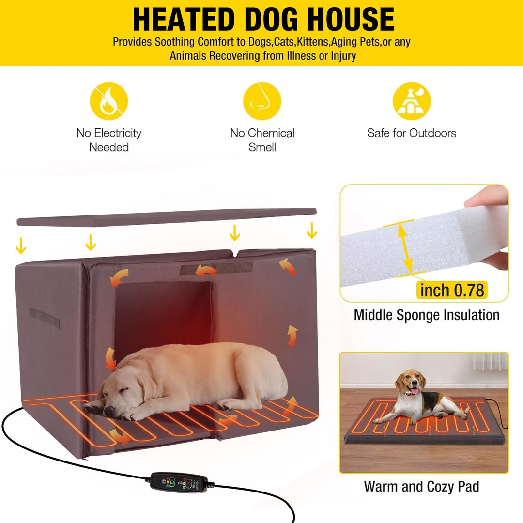 MORGETE Heated Outdoor Dog House with Heating Pad & Insulated Liner, Winter Weatherproof Anti-Chewing Dog Kennel, Iron