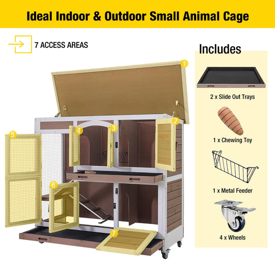 MEDEHOO Wood Rabbit Hutch Bunny Cage with Wheel, Two Layer Guinea Pig House for Outdoors & Indoors, Brown