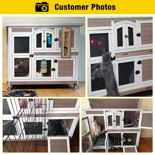 MEDEHOO Wood Rabbit Hutch Bunny Cage with Wheel, Two Layer Guinea Pig House for Outdoors & Indoors, Brown