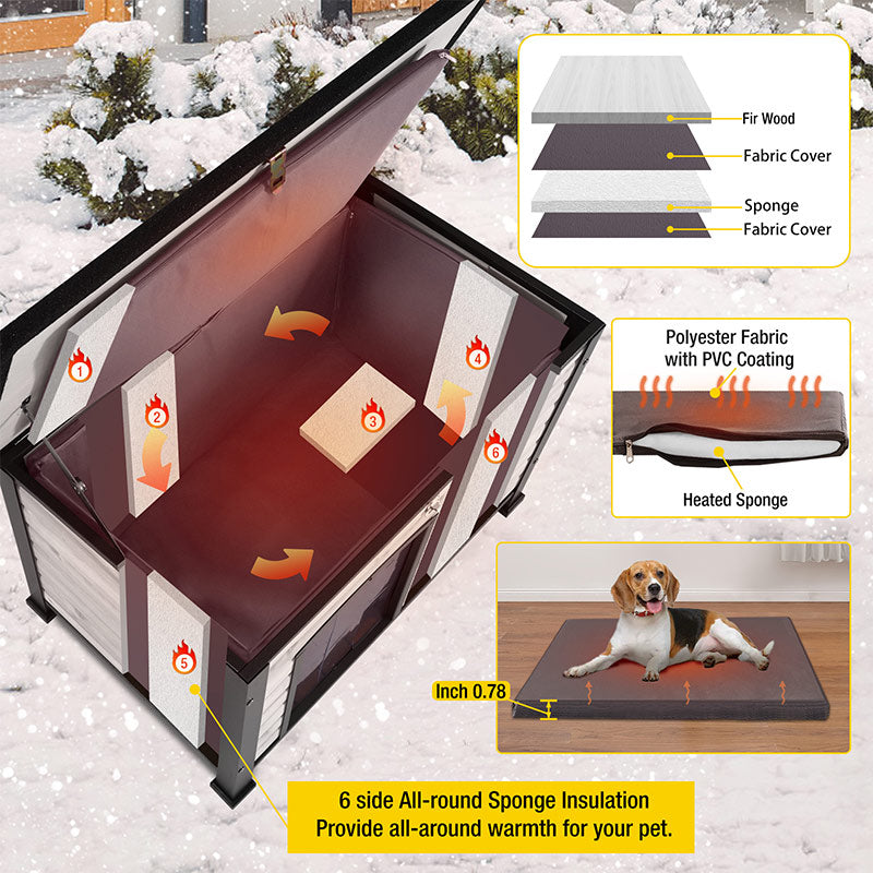 MEDEHOO Insulated Outdoor Dog House with Insulated Liner, Winter Weatherproof Dog Kennel All-Around Iron Frame