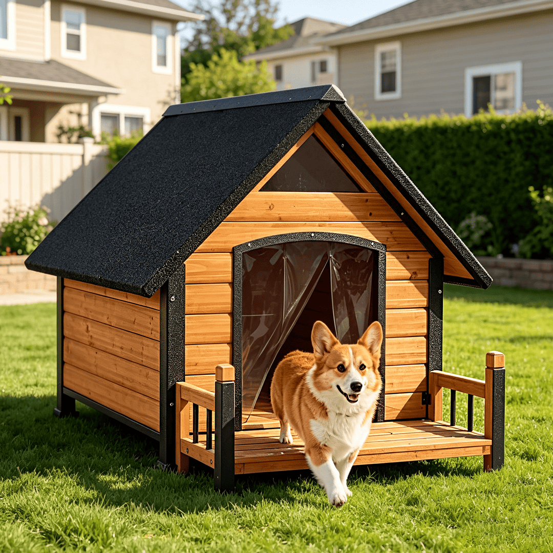 MEDEHOO Woodden Dog House with Proch, Weatherproof Outdoor Kennel Chew-Resistant Iron Frame &amp; Asphalt Roof for Outdoor for Small &amp; Medium Dog Breeds
