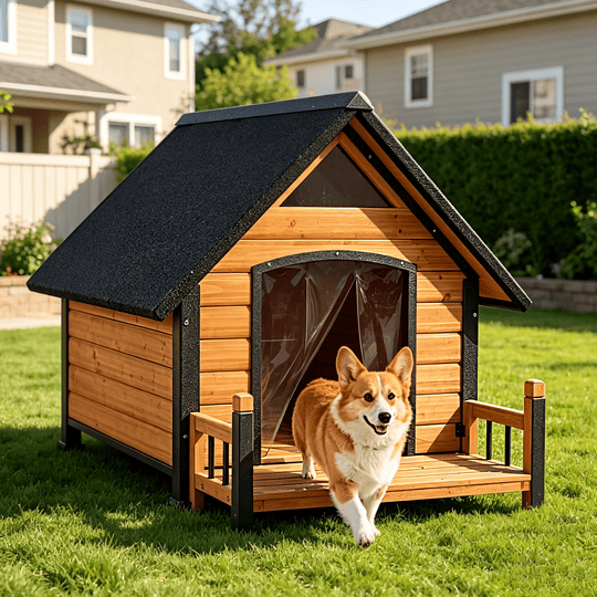 MEDEHOO Woodden Dog House with Proch, Weatherproof Outdoor Kennel Chew-Resistant Iron Frame &amp; Asphalt Roof for Outdoor for Small &amp; Medium Dog Breeds