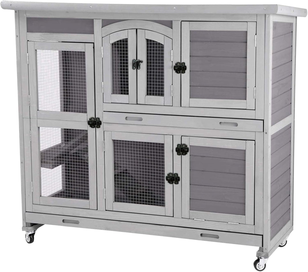 MEDEHOO Bunny Cage Rabbit Hutch Indoor Rabbit House with Wheels Outdoor Guinea Pig House with Two Plastic Tray