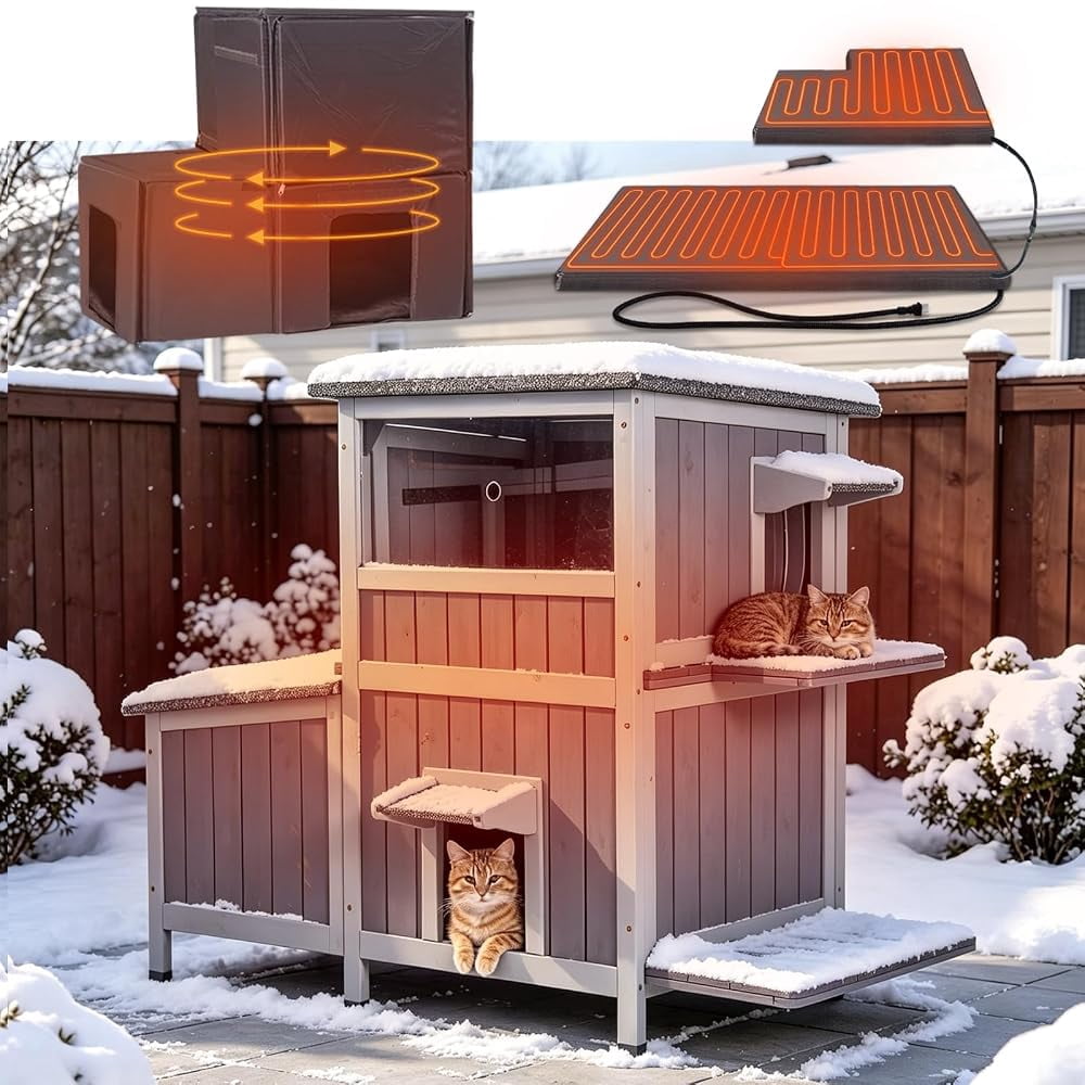 MEDEHOO Heated Insulated Cat House Outdoor with Liner in Winter, Outside Weatherproof Feral Cat Shelter with Escape Doors and Window, Upgrade Anti-Chewing Cable