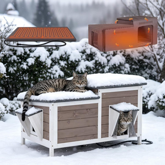 MEDEHOO Large Heated Cat House with Liner, Weatherproof Cat Shelter, Outdoor Insulated Windproof Feral Cat Shelter with Heating Pad, Chewproof Cable, Escape Door for 2-4 Cats in Winter, Brown