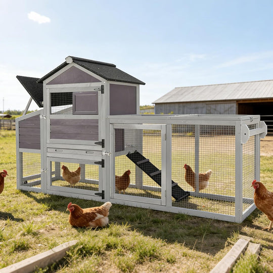 MEDEHOO 82.4" Chicken Coop with Wheels, Large Hen House with Run, Chicken Cage for 4-6 Chickens, Weatherproof Asphalt Roof, Nesting Box &amp; Pull-Out Tray