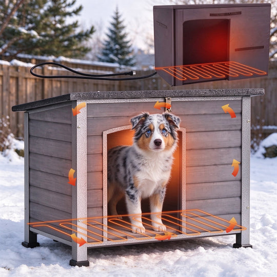 MEDEHOO 34.6’’ Heated Outdoor Dog House Weatherproof Outdoor Wooden Dog Kennel with Openable Roof Chew-Proof Metal Frame for Outside Dogs DH73-IN-HP-ML-WM