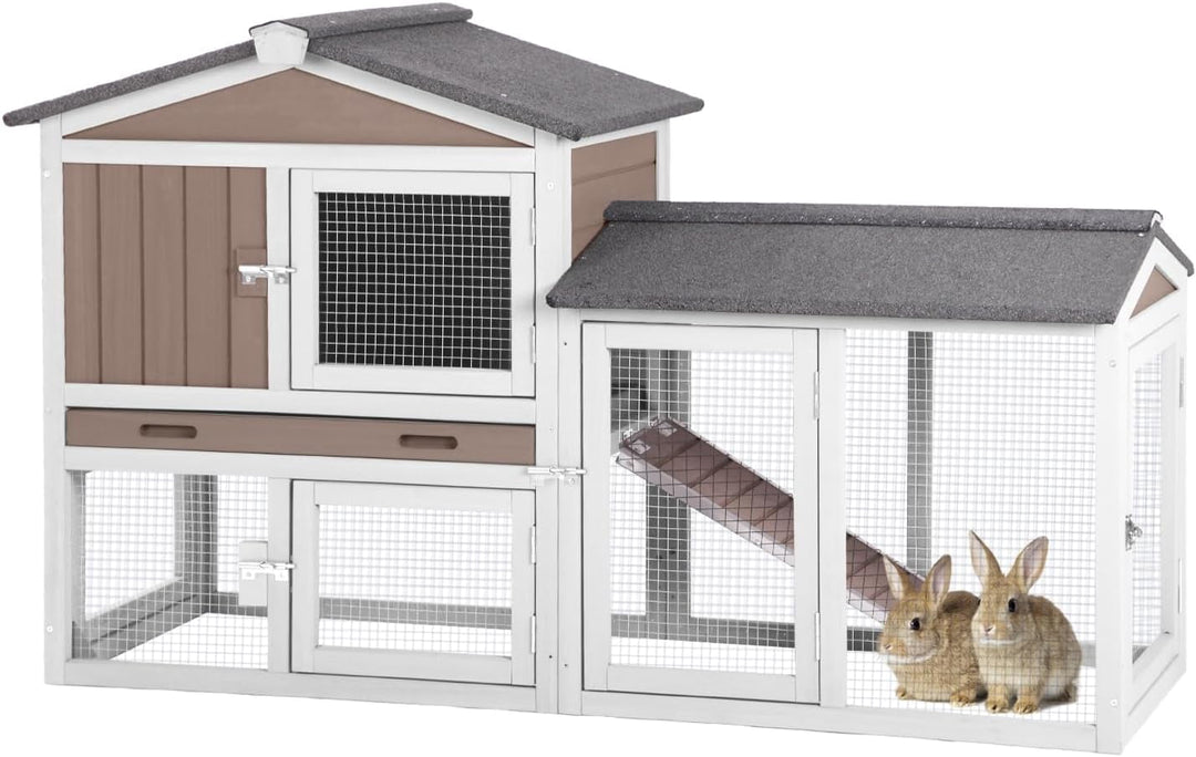 MEDEHOO Outdoor Rabbit Hutch with No-Leak Plastic Tray, Expandable Chicken Coop, Large Run Space for Bunny, Guinea Pig, Duck, and Small Animals AIR02-B-G11-WM
