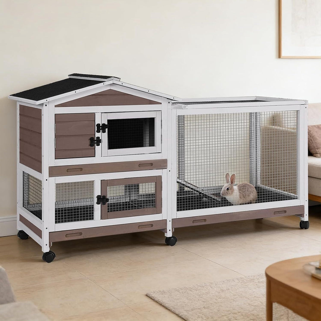 MEDEHOO Rabbit Hutch Indoor, 62’’ Bunny Hutch Outdoor, Mobile Rabbit House with Wheels, Wooden Bunny Cage with Leakproof Tray, Chew-Proof Ramp for Guinea Pig(Brown) AIR19-B-D11