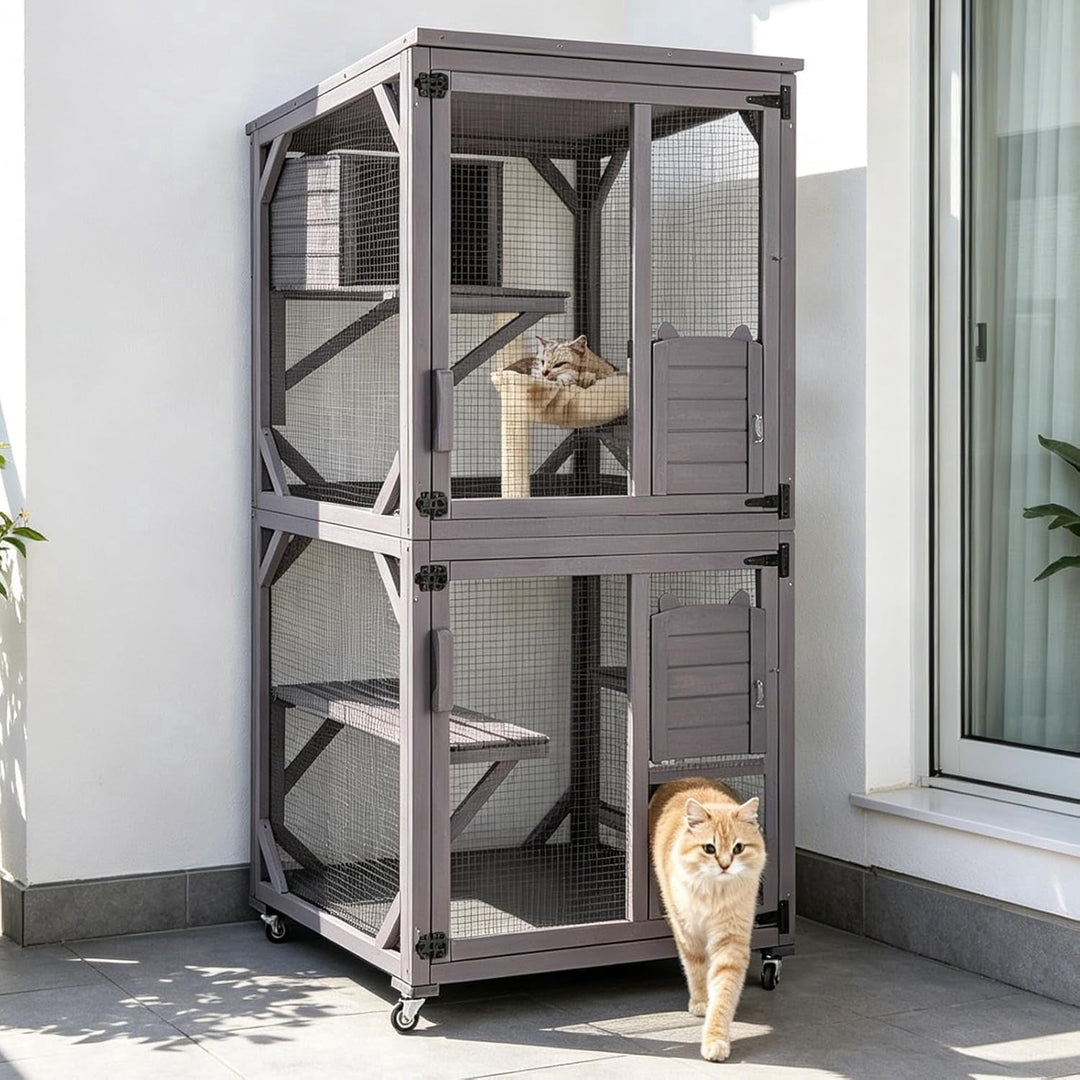 MEDEHOO 71" Large Catio Outdoor Cat Enclosure, Mobile Catio Enclosure Indoor On Wheels with Scratch Post, Hammock, Resting Box, Platform, Tarp Roof