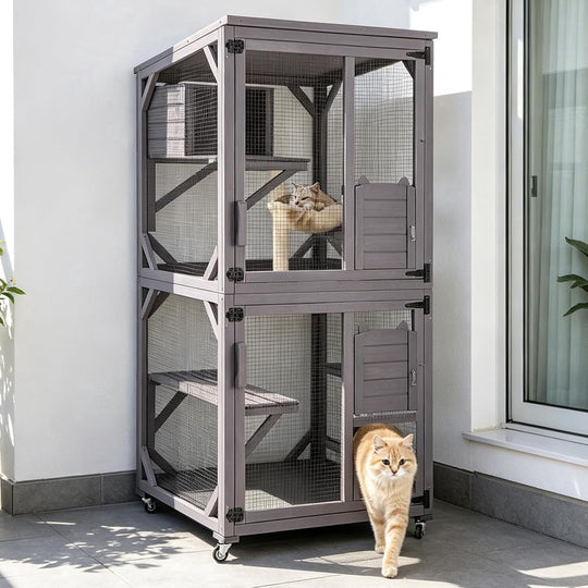 MEDEHOO 71" Large Catio Outdoor Cat Enclosure, Mobile Catio Enclosure Indoor On Wheels with Scratch Post, Hammock, Resting Box, Platform, Tarp Roof
