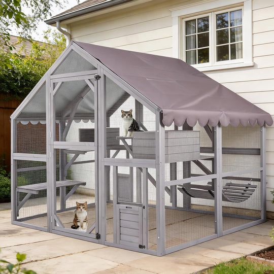 MEDEHOO Large Catio Outdoor Cat Enclosure, 71’’ Walk-in Cat House with Waterproof Cover, Platforms and Resting Boxes Window Cat Patio for 6-10 Cats