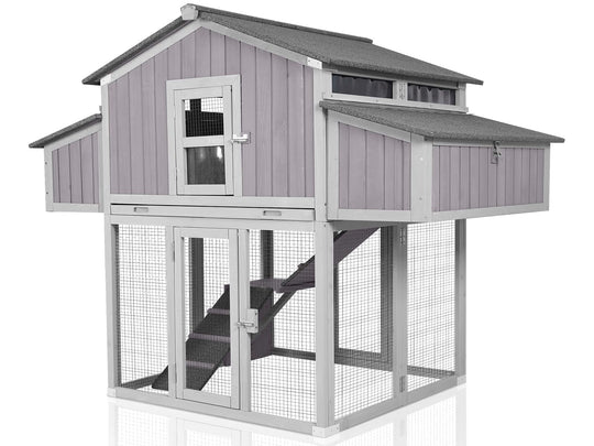 MEDEHOO Large Chicken Coop, Folding Chicken House for Outdoor with Two Nesting Box, Leakproof Pull-Out Tray, UV-Resistant Roof Panel, Gray MED66-WM