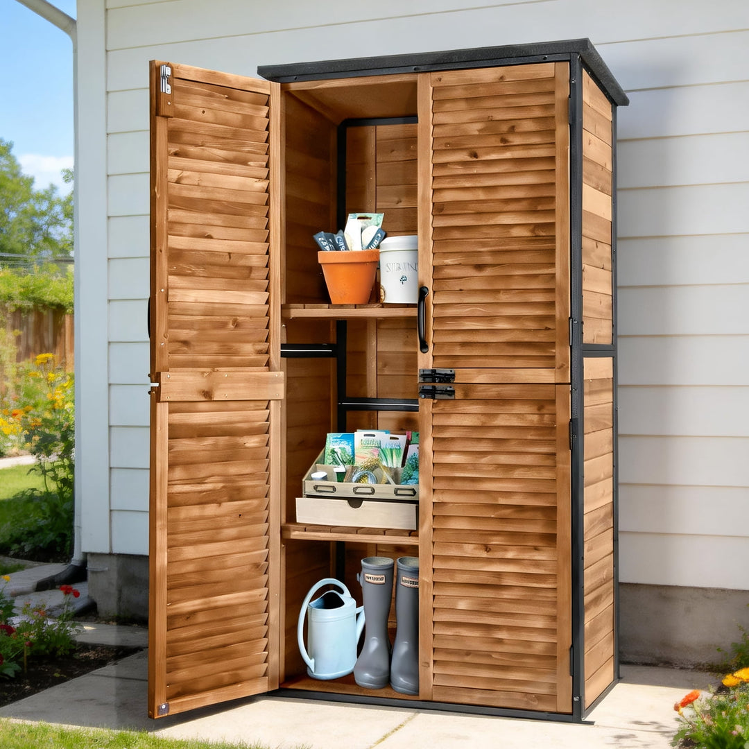 MEDEHOO Outdoor Storage Shed with Floor and Durable Plastic Roof Weatherproof Storage Cabinet with Strong Iron Frame LargeSheds for Outside Brown