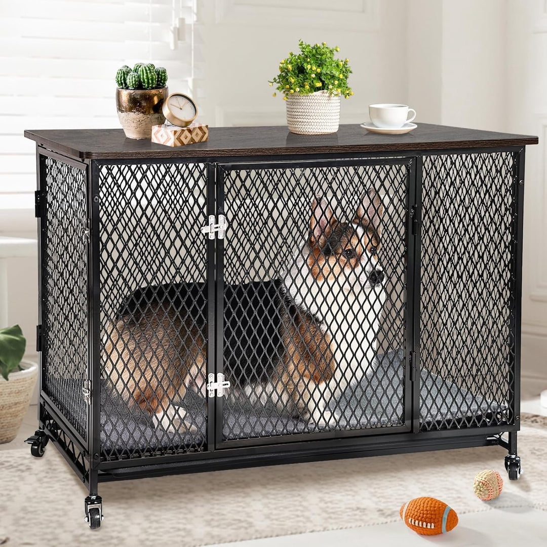 MEDEHOO Indoor Dog Crate Furniture, Movable Dog Kennel Side End Table with Wheels for Small Medium Large Dogs with Cushion, Tray, Wire, Rustic Brown(L) AIR79-A12-WM