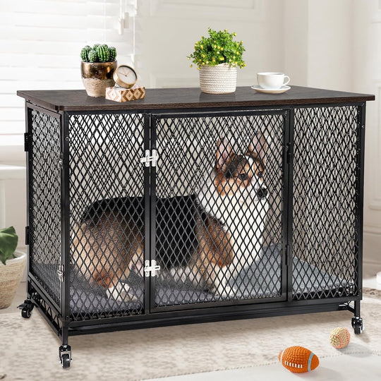 MEDEHOO Indoor Dog Crate Furniture, Movable Dog Kennel Side End Table with Wheels for Small Medium Large Dogs with Cushion, Tray, Wire, Rustic Brown(L) AIR79-A12-WM