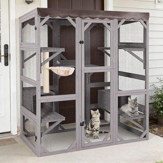 MEDEHOO Large Catio Outdoor Cat Enclosure with Condos, Wood Window Catio Walk in Cat House, Kitty Shelter Indoor with with Door, Platform 70" Gray SKY37-M-WM