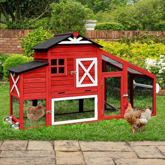 MEDEHOO Outdoor Chicken Coop with Run, 2-Story Wooden Hen House with Wheels, Waterproof Roof &amp; Pull-Out Tray for 2-4 Chickens (Red) AIR32-R-D11-WM