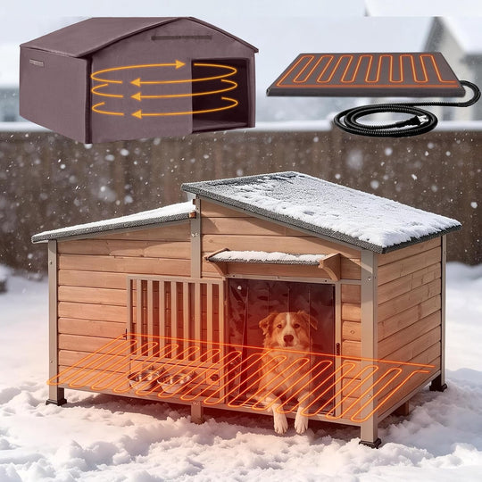 MEDEHOO Extra Large Heated Dog House Outdoor, 60" Insulated Kennel with Chew-Proof Metal Frame &amp; Rotating Bowls AIR7021-L-CG-HP-2-AD