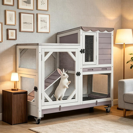 2-Story Rabbit Hutch Bunny Cage with Leak-Proof Trays &amp; Chew-Proof Ramp - Indoor/Outdoor 39.3" Wooden Rabbit Cage with Wheels for Rabbits, Guinea Pigs, Small Animal (Grey)