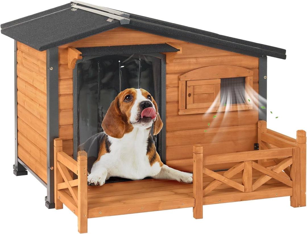 MEDEHOO Dog House Outdoor with Anti-Chewing Metal Frame, Wooden Dog Kennel with Sliding Window, Detachable Floor, Weatherproof Roof - Natural