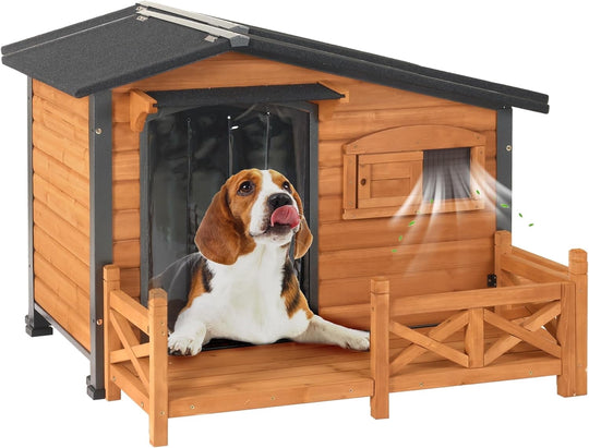 MEDEHOO Dog House Outdoor with Anti-Chewing Metal Frame, Wooden Dog Kennel with Sliding Window, Detachable Floor, Weatherproof Roof - Natural
