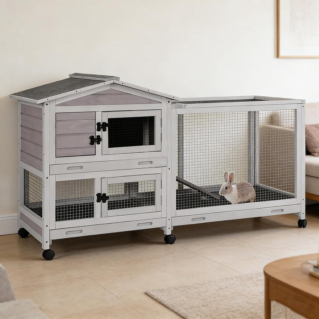 MEDEHOO Rabbit Hutch Indoor, 62’’ Bunny Hutch Outdoor, Mobile Rabbit House with Wheels, Wooden Bunny Cage with Leakproof Tray, Chew-Proof Ramp for Guinea Pig(Gray) AIR16-D11-WM