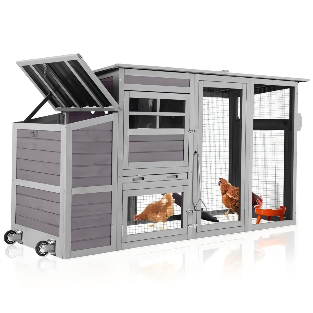 MEDEHOO Chicken Coop with Wheels Mobile Large Hen House for 4-6 Chickens with Reinforced Nesting Box, Large Run, Metal Tray, Easy Rolling &amp; Easy Cleanning, 74.9" AIR31-00J -WM