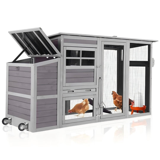 MEDEHOO Chicken Coop with Wheels Mobile Large Hen House for 4-6 Chickens with Reinforced Nesting Box, Large Run, Metal Tray, Easy Rolling &amp; Easy Cleanning, 74.9" AIR31-00J -WM