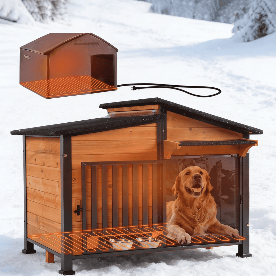 MEDEHOO Heated Dog House Outdoor Large Dog Kennel with Iron Frame, Weatherproof Dog Cage with Insulated Liner for Small &amp; Medium &amp; Large Dogs