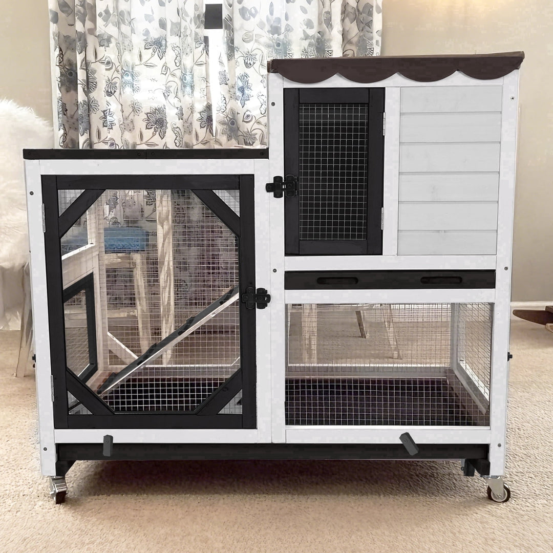 MEDEHOO 39" 2-Story Rabbit Hutch, Wooden Bunny Cage with Chew-Proof Ramp, 2 Leak-Proof Pull-Out Trays and Lockable Wheels for Guinea Pigs &amp; Small Pets, Black&amp;White